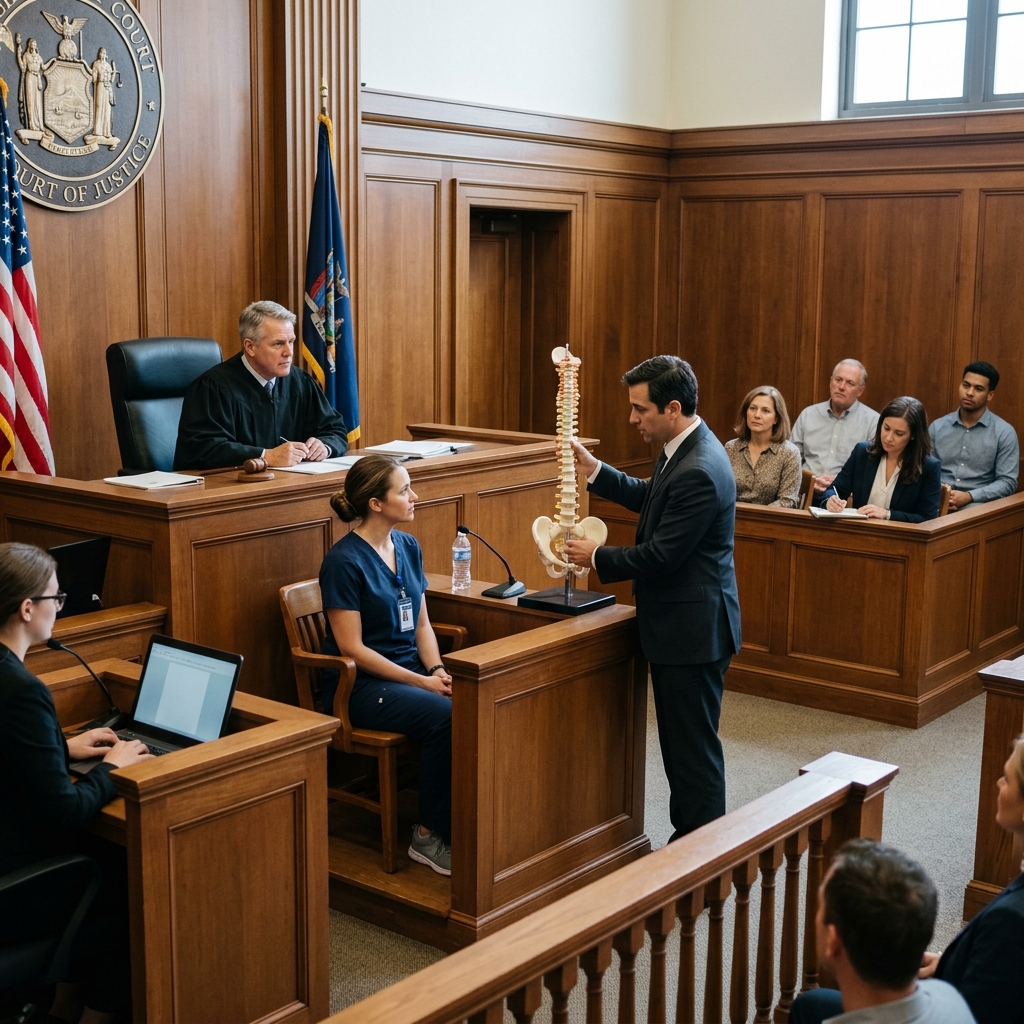 A simulation of a doctor testifying about spinal injuries from a car accident during a short Trial in Las Vegas Nevada